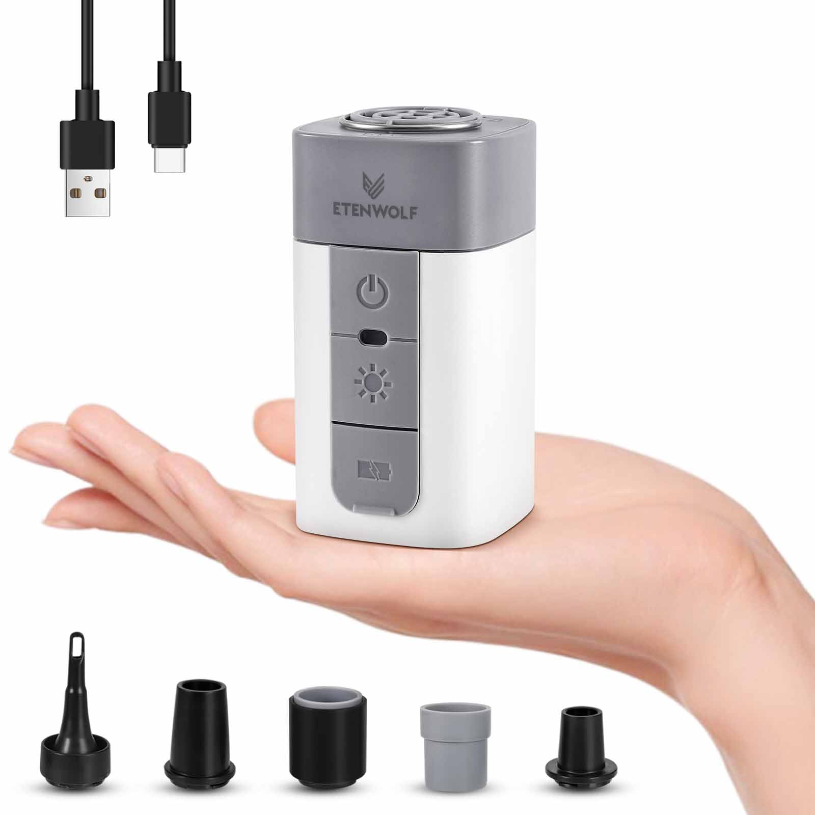 ETENWOLF AIR 3 Pompe à air pour objets gonflables avec batterie de 2600 mAh et lampe de camping, pompe à air électrique ultra-rapide et mini, gonflage et dégonflage pour matelas pneumatique, flotteurs