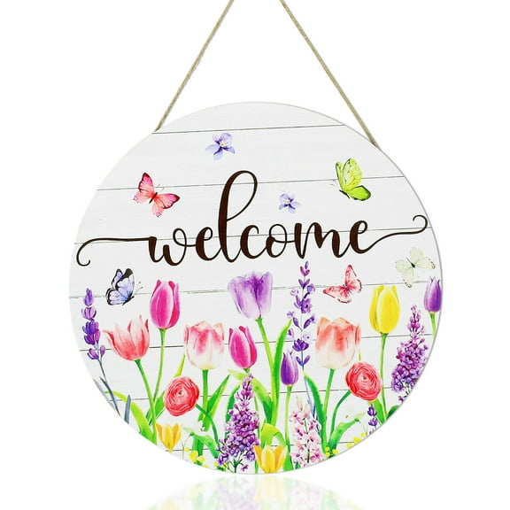 Spring Tulip Welcome Sign for Front Door Decor, Pink Purple Floral Butterfly Welcome Door Sign, Seasonal Flower Wooden Door Hangers, Farmhouse Wreath Hanging Signs Decoration for Porch Yard