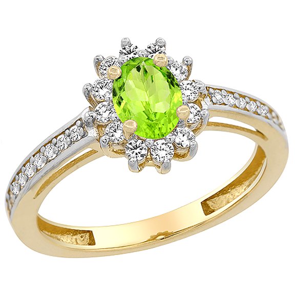 14K Yellow Gold Natural Peridot Flower Halo Ring Oval 6x4mm Diamond Accents, size 5