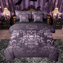 jejeloiu Gothic Damask Floral 7-Piece Twin Bedding Sets,Gothic Skull Bedding Comforter Set,Purple Bohemian Exotic Flowers Sheet Sets For Adult,Ultra Soft Home Decor Reversible