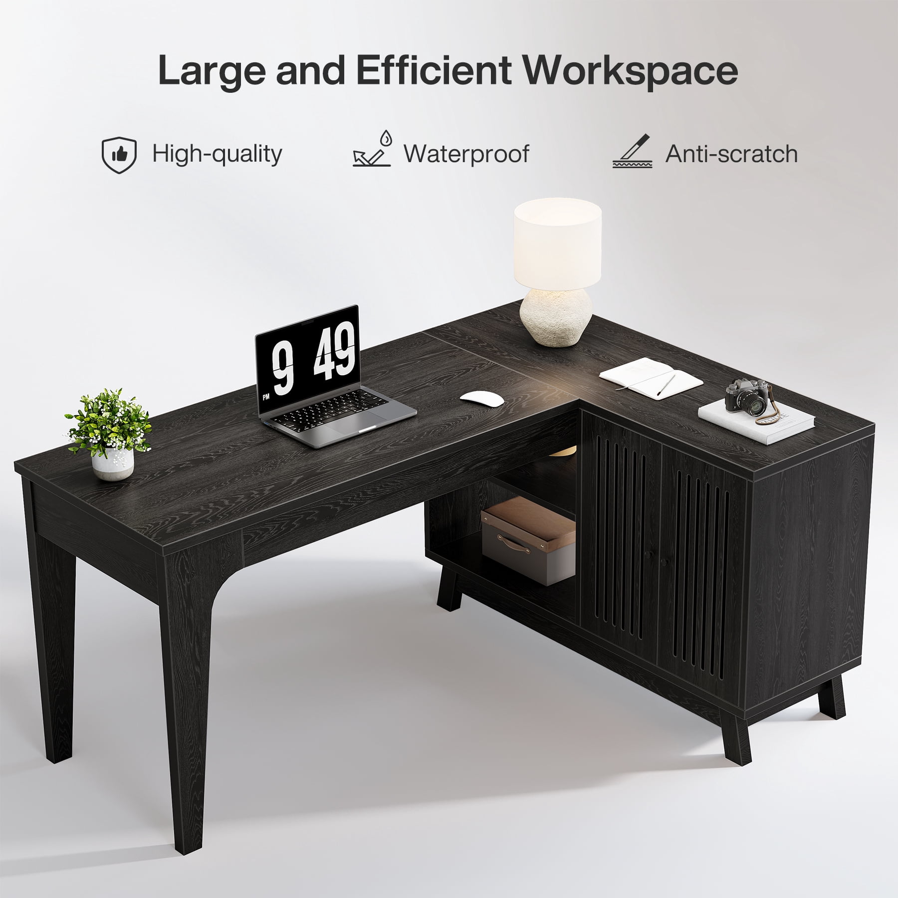 Tribesigns 57-Inch Wood L-Shaped Corner Computer Desk, Study Writing Table with Storage Shelves, Workstation with Cabinet for Home Office, Black
