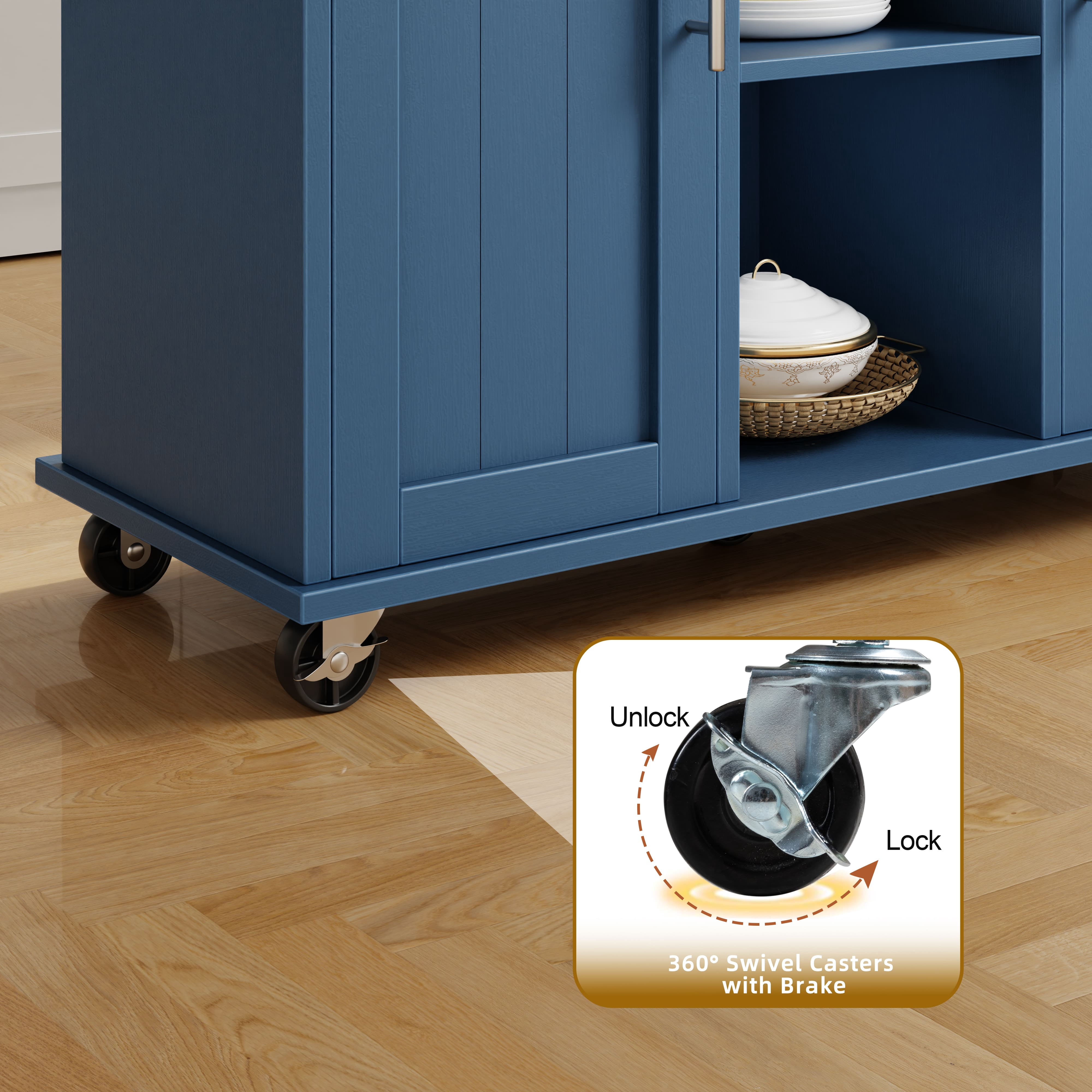 Walsunny Kitchen Islands Carts with Drop Leaf Table 1 Drawer 5 Wheels 2 Magnetic Doors Rolling Storage Cabinet Blue