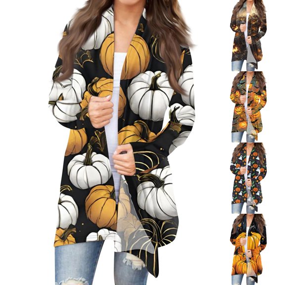 YVNAURA Women‘s Halloween Print Cardigan Sweater Cute Pumpkin Ghost Long Sleeve Open Front Lightweight Loose Casual Fall Outwear Coat for Party Daily Wear 1 Pack, White,L