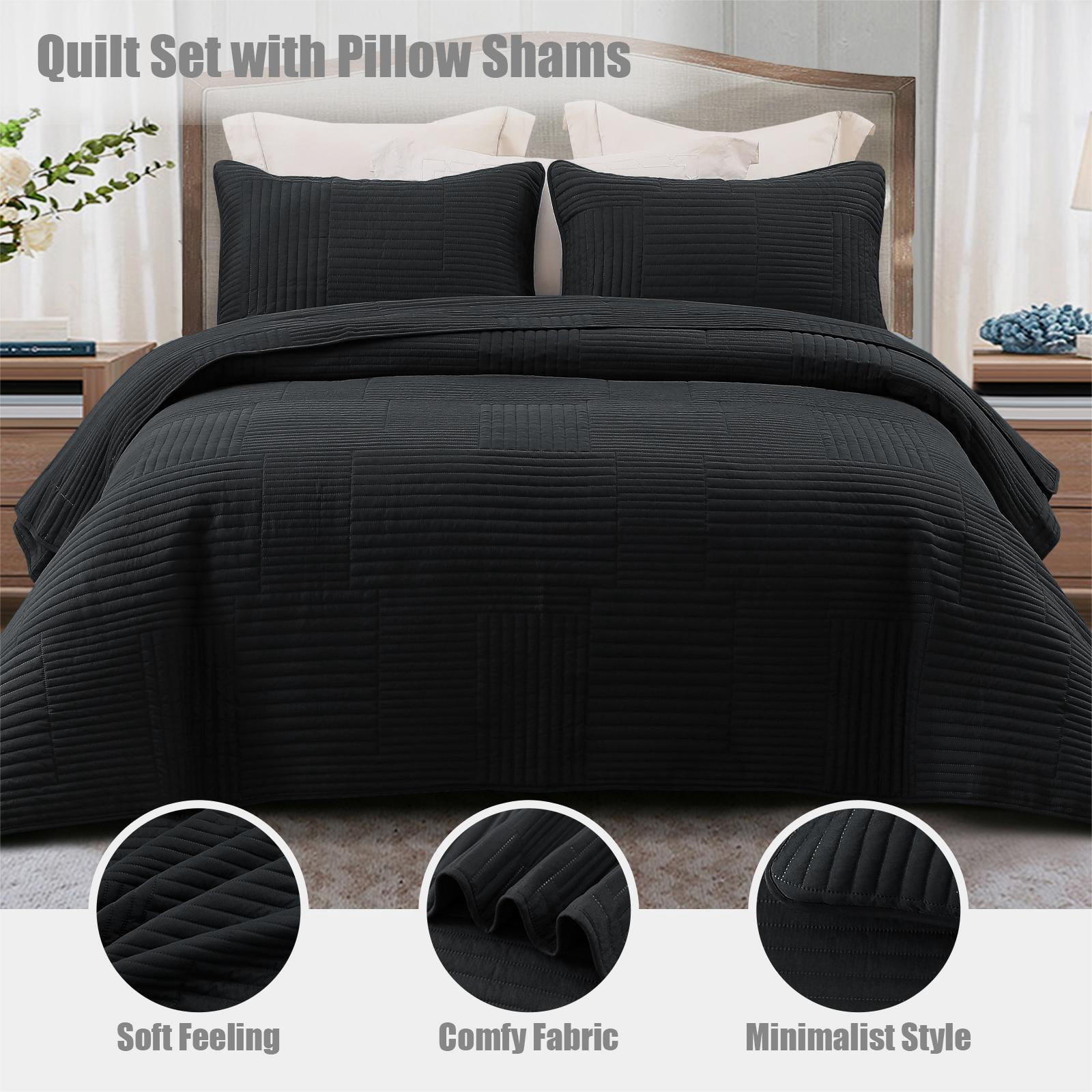 Whale Flotilla King Quilt Set, Soft and Lightweight Bedspreads Coverlet with Striped Pattern, Reversible Bedding Sets with Pillow Shams, 96x104 Inches, Black