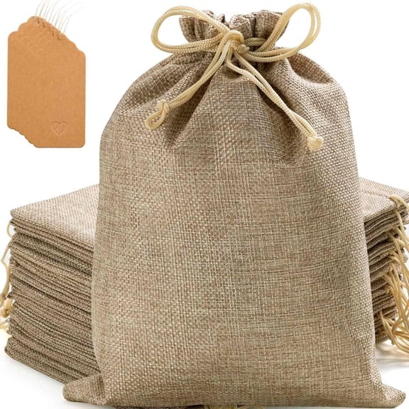 25 Pcs 7x9 Inch Burlap Gift Bags with Drawstring and Gift Tags, Burlap Jute Bags for Party, Christmas, DIY Craft