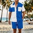 thumbnail image 2 of HBGVBA Men Color Blocked Casual Beach Breathable Elastic Waist Shorts Button Lapel 2 Pocket Short Sleeve Shirt 2 Piece Beach Set, 2 of 5