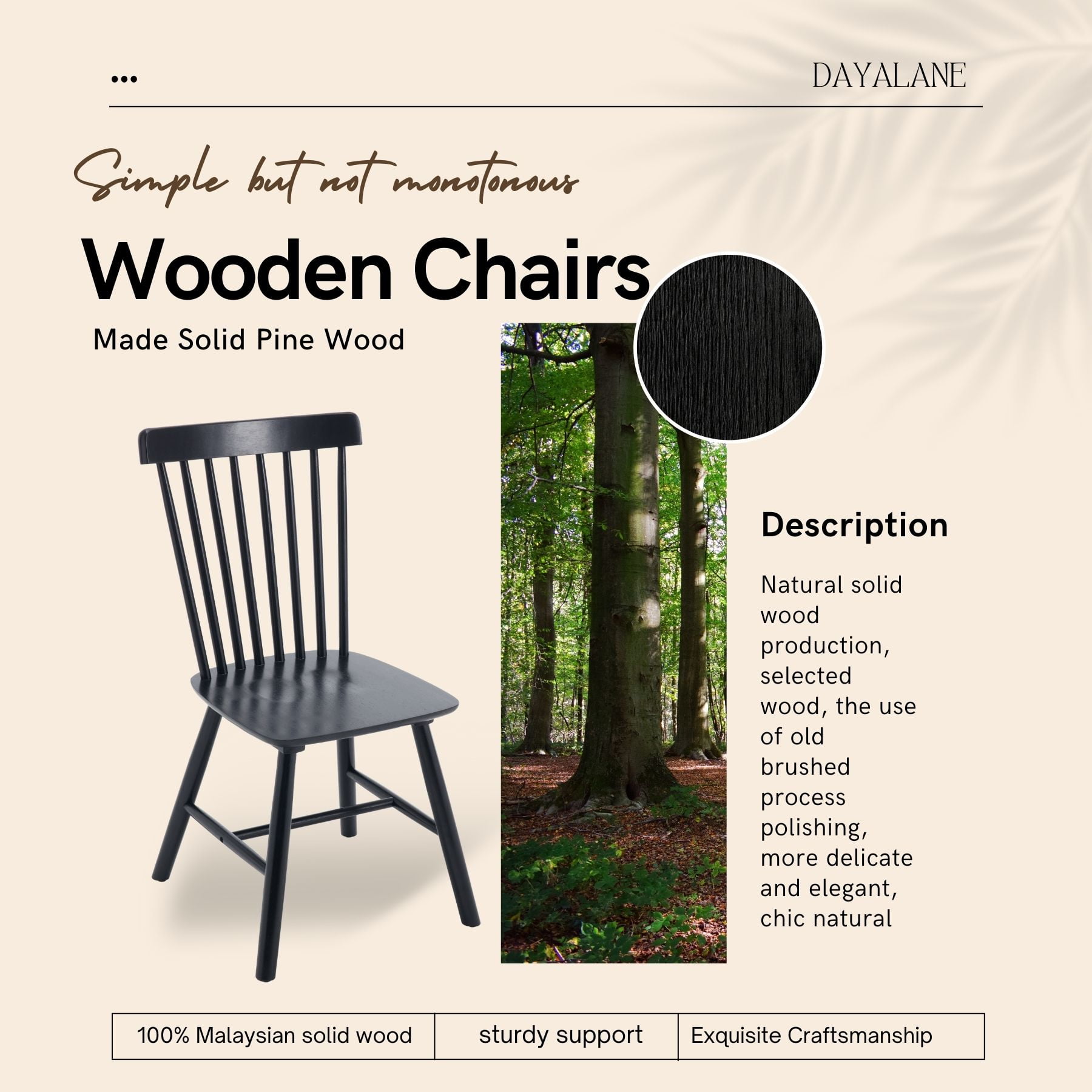 Dayalane Farmhouse Windsor Dining Chairs Set of 2, Solid Wood Spindle Back Dining Side Chairs, Mid-Century French Country Oak Kitchen Chairs for Dining Room Living Room Kitchen Restaurant, Black