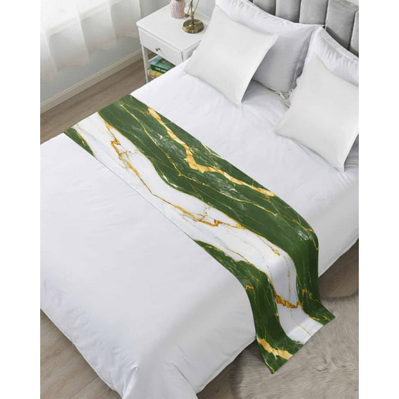 Xipuska Green Marble Bed Runners for King Size Bed, Decorative Bed Throws for Foot of Bed, Luxury Gold White Abstract Cracks Artwork Bed Runner Sofa Throw Bedding Scarf Slipcover for Bedroom