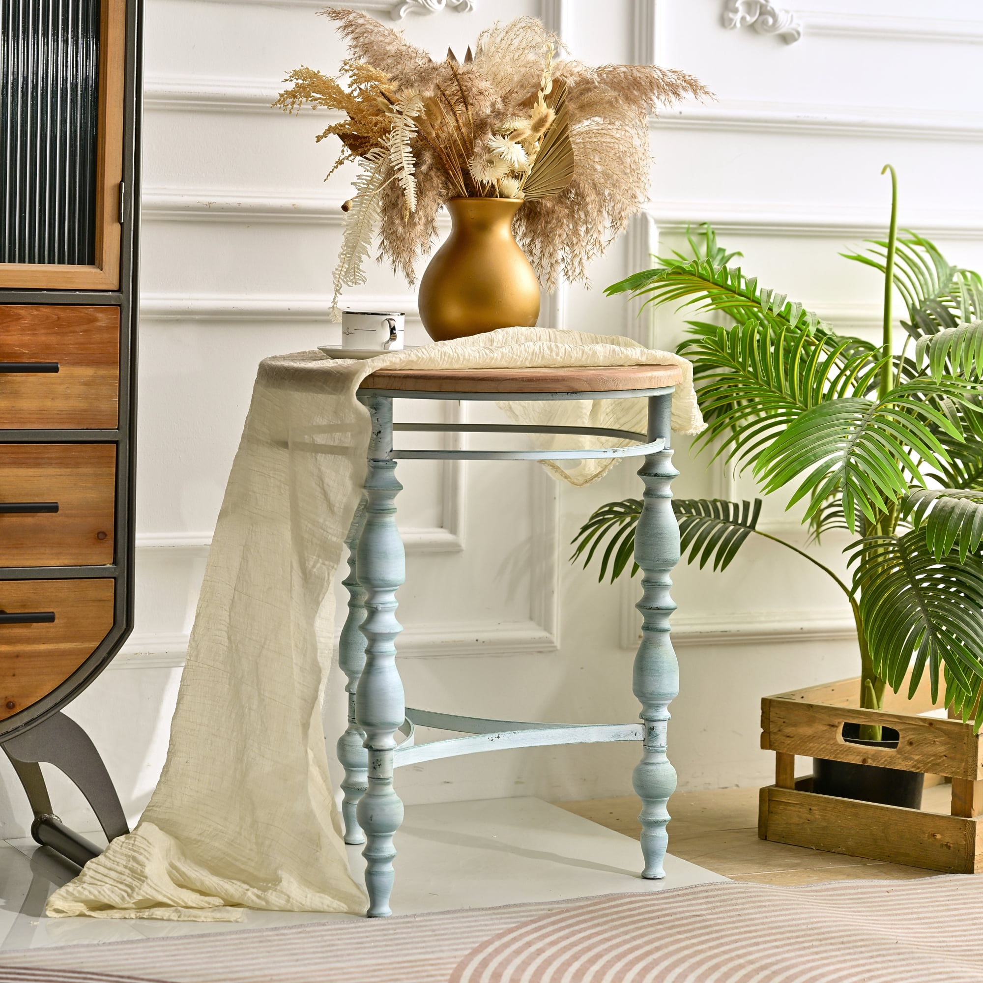 Leumius 20.08" Accent Rustic Carved Coffee Table, Round Wooden Top Metal Leg Round End Table for Living Room