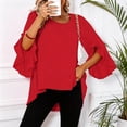 thumbnail image 4 of Sheghy Tops for Women Solid Ruffle 3/4 Sleeve Round Neck Summer Blouse Red M, 4 of 9
