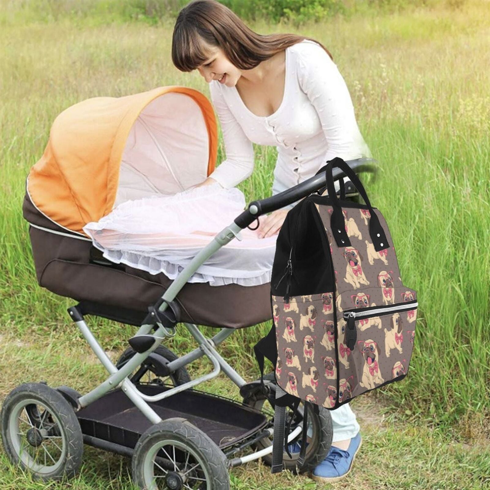 Ratiio Cut Pug Mummy Backpack - Waterproof Twill Canvas, Large Capacity Diaper Bag with Multiple Pockets and Adjustable Straps