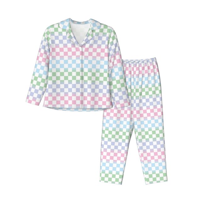 Balery Colorful Checkerboard Conjunto de Pijama con Estampado para Mujer, Conjunto de Dos Piezas con Manga Larga, Ropa de Dormir Suave con Bolsillos, Pijamas Cómodos-Medium