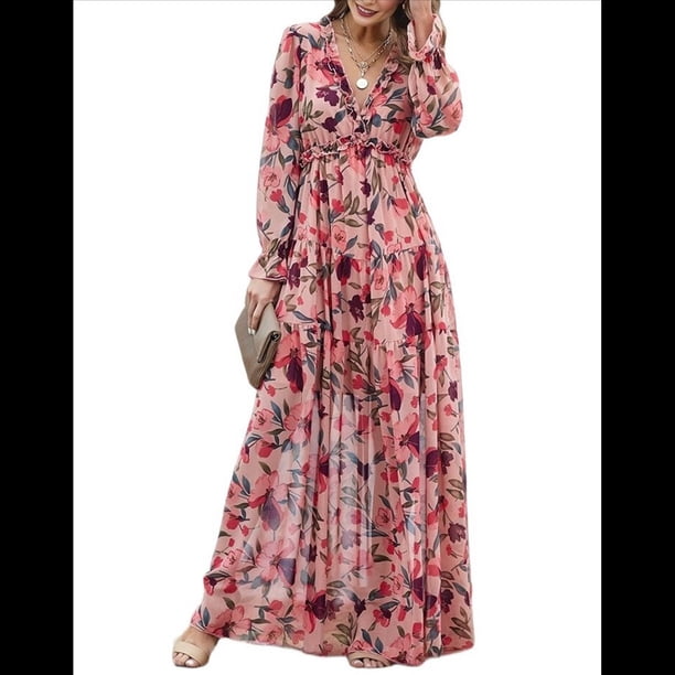 Vestido Bohemio Informal de Larga con Escote en V Profundo para Mujer Rojo L
