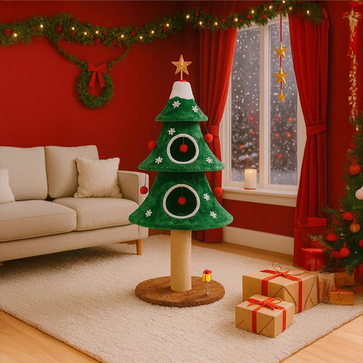Stephan Roberts 52"  H Alpine Christmas Cat Tree Tower with Scratching Post, Cat Condo & Hanging Toys, Green