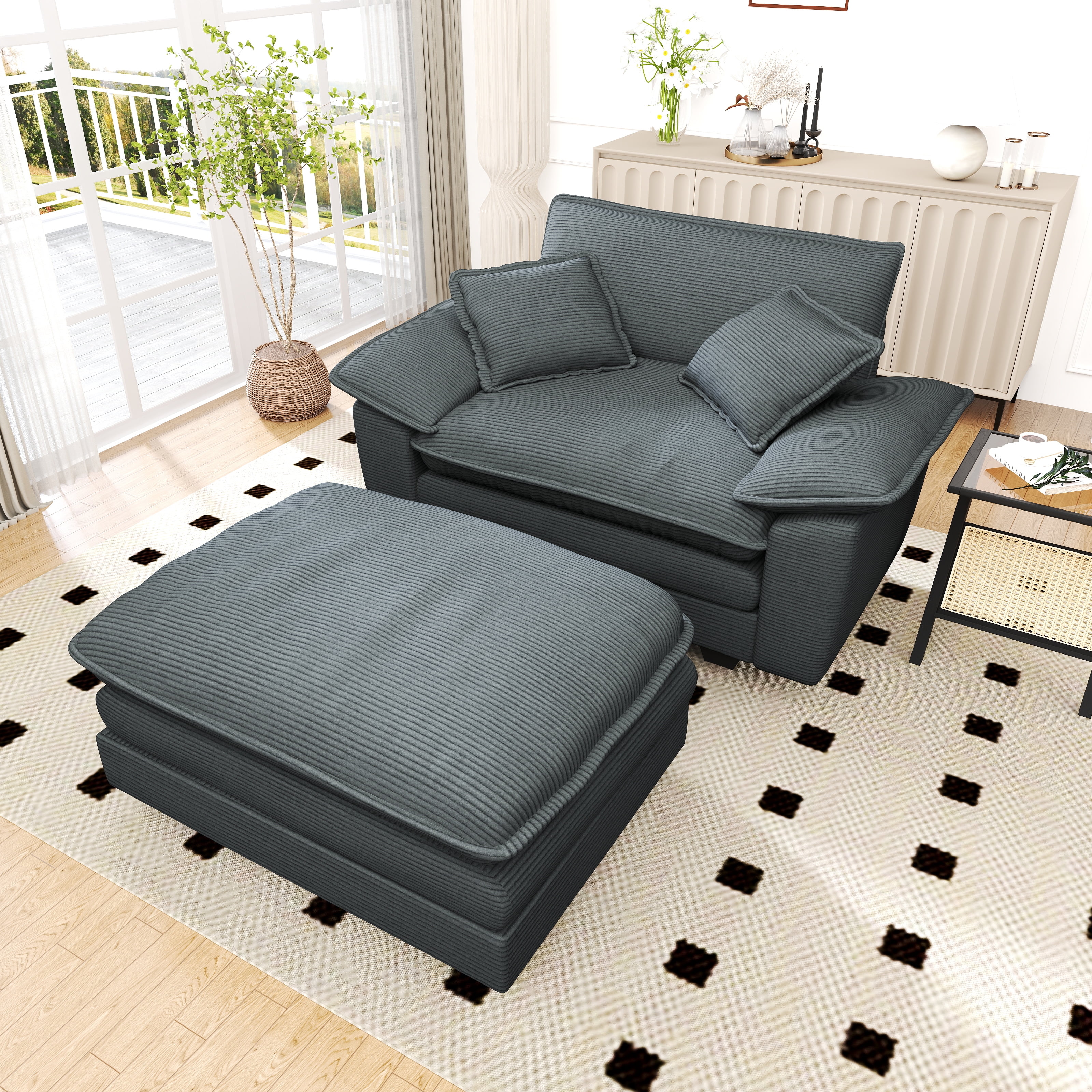 Lunale Oversized Lounge Chair & Ottoman Set - 48" Cloud Corduroy Accent Armchair for Modern Living/Bedroom, Gray Corduroy