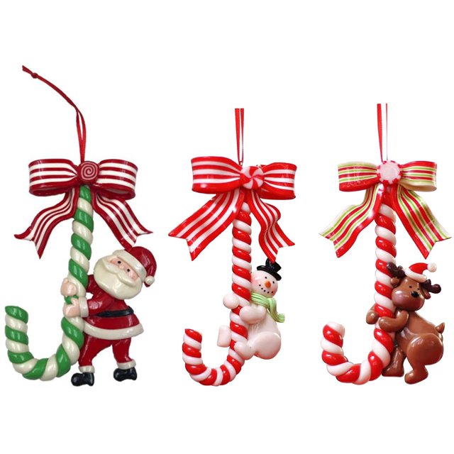 3 adornos navideños de bastón de caramelo, muñeco de nieve de resina de Papá Noel y reno que sostiene el bastón de caramelo con lazo, lindos adornos colgantes para decoraciones colgantes de