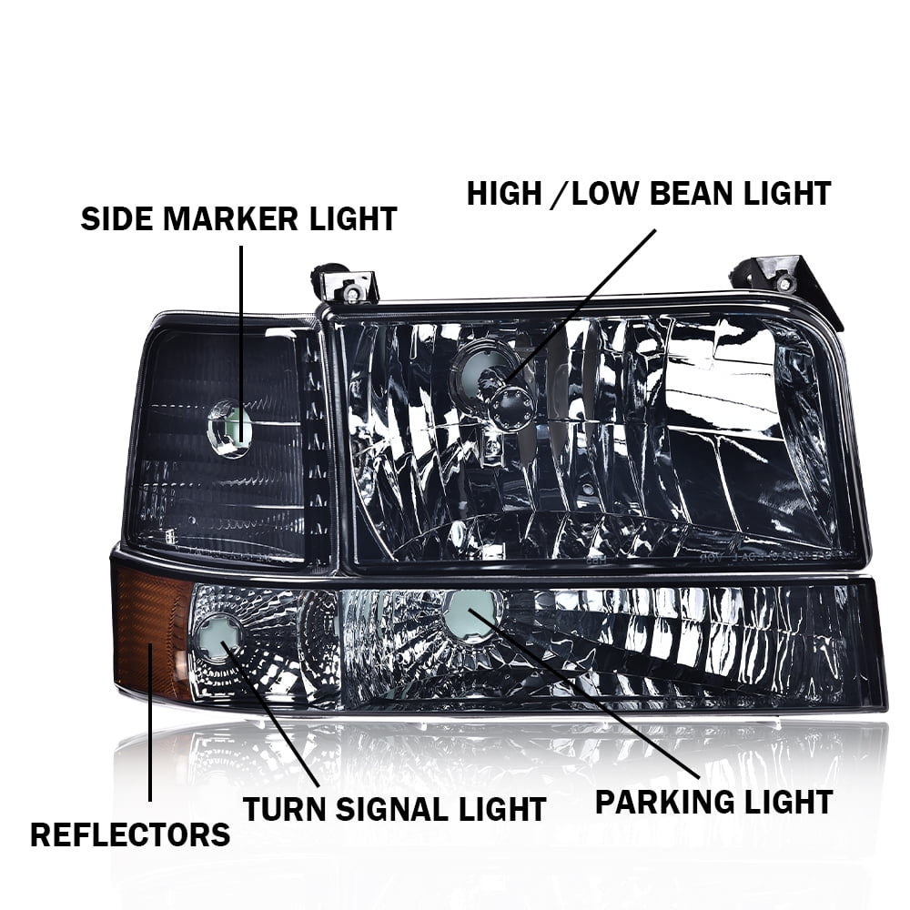PIT66 Headlights, Fit for 1992-1996 Ford F150 F250 F350 Bronco Headlights with Corner Signal Bumper Lamps Smooky Lens Chrome Housing Amber Reflector