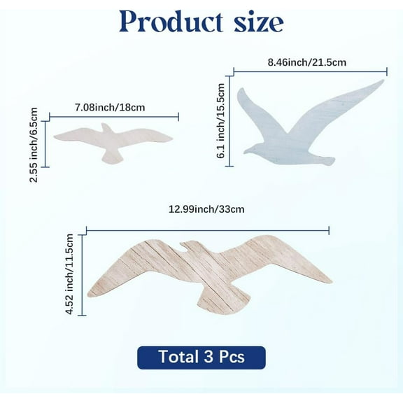 3 Styles Wood Seagull Beach Wall Decor Coastal Themed Decors Wall Art Wooden Sea Mew Nautical Ocean Hanging Ornaments Seagull Wall Sculpture for Home Bedroom Living Room Restaurants Cafes