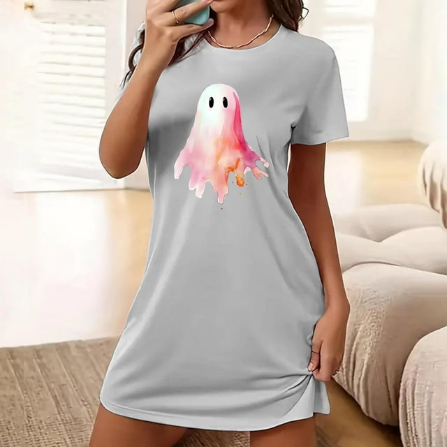 Sakmal Robes de Nuit d'Halloween Moomoo pour Femmes Grande Taille Confortables Grises Légères Robe de Maison Col Rond Manches Courtes Courte Imprimé Fantôme Robes de Nuit P-2TG
