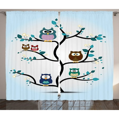 Owls Home Decor Curtains 2 Panels Set Owl Family Perched On A Tree Love Grace Nocturnal Eyed Night Animals In The Nature Print Living Room Bedroom