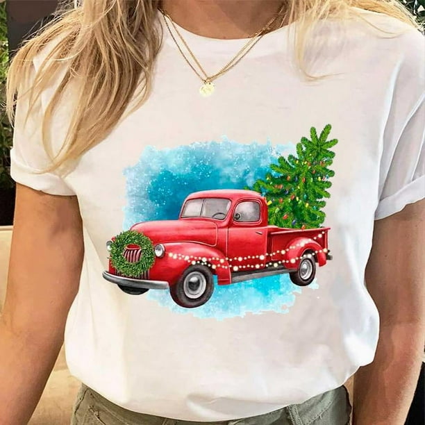 Camisetas estampadas de Papá Noel para mujer, camiseta de Navidad y Año Nuevo de los años 90, ropa femenina, Tops estampados, camiseta gráfica de dibujos animados a la moda para mujer