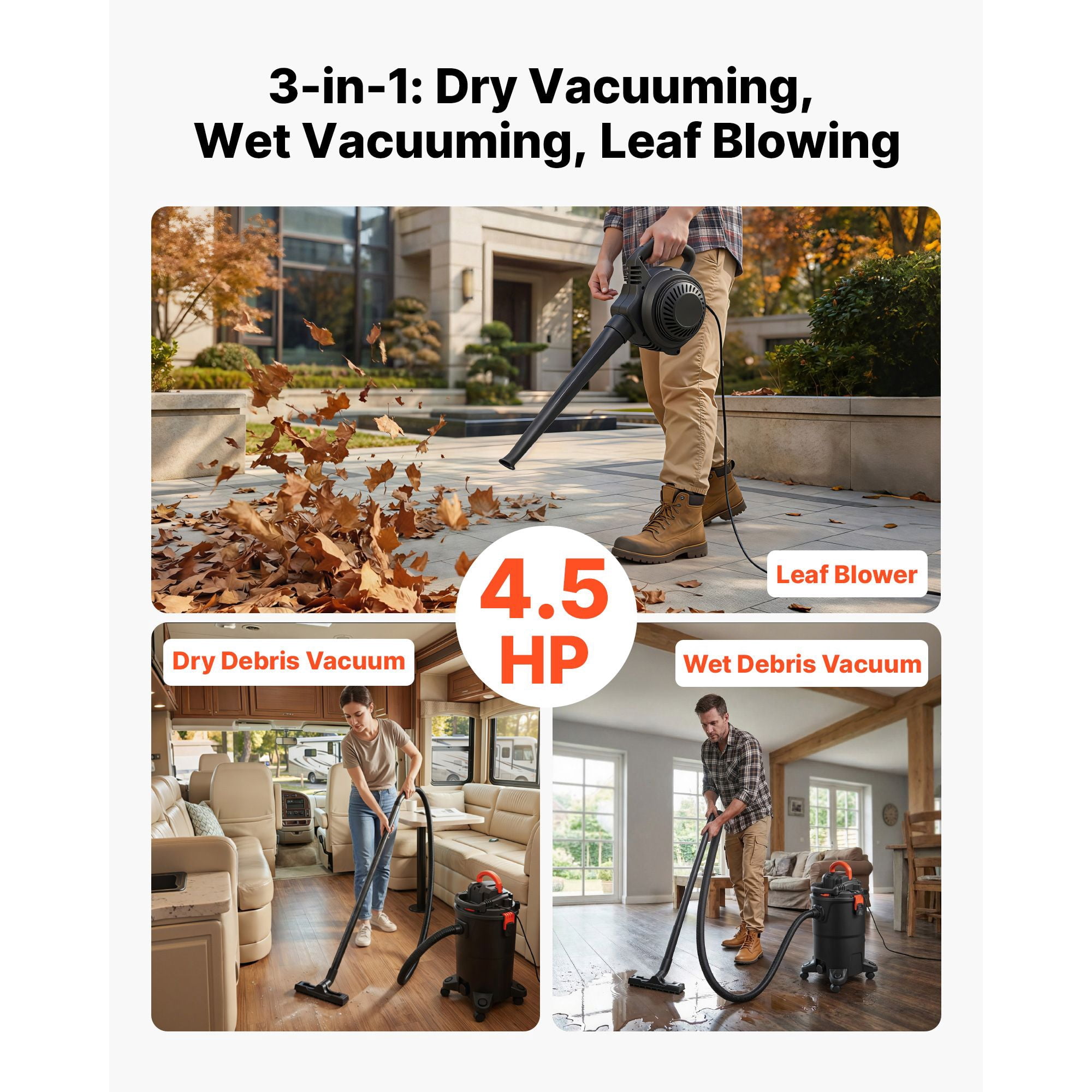 3-in-1 Shop Vac, 11 Gallon Wet Dry Shop Vacuum, 4.5 Peak HP Portable Vacuum Cleaner with Blower, Dual-Filter, 1350W Input Power, 1.25in x 7ft Hose, 9.8ft Cord for Jobsite, Workshop, Garage, Home