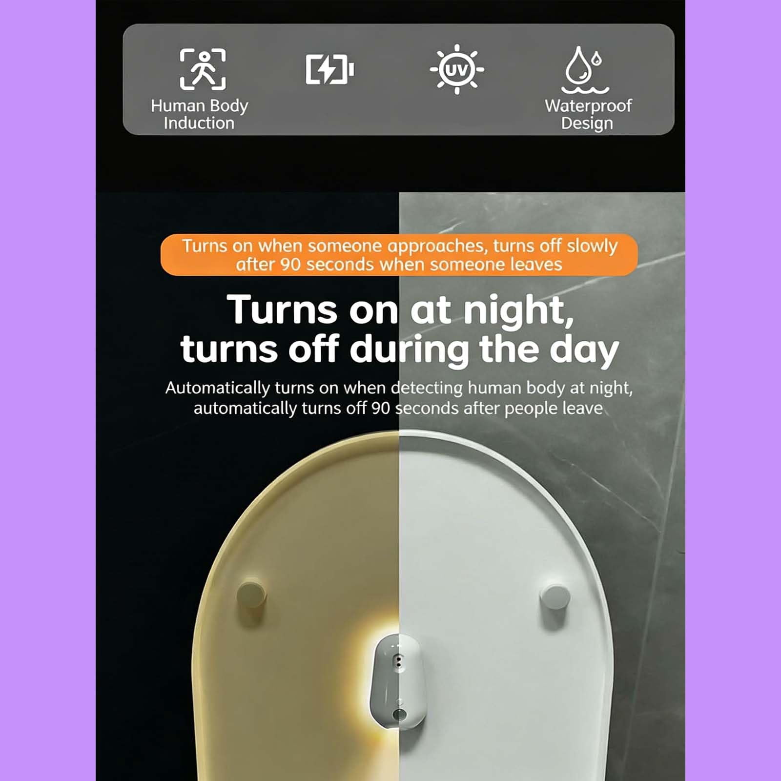 UV Toilet Light – Motion-Activated, Rechargeable with Night Light, Adhesive-Mounted for Bathroom