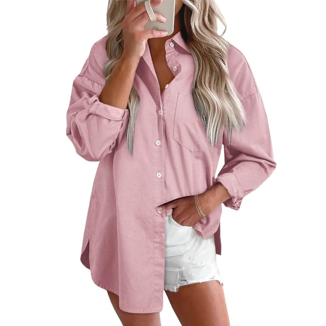 Camisa elegante de mezclilla para mujer, cuello en V, manga larga, bombón