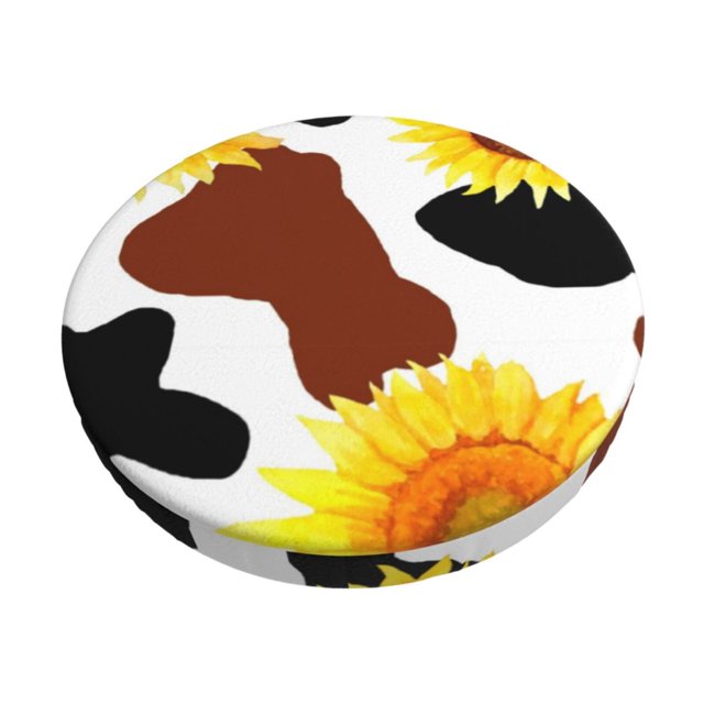 Disketp Cow Print Sunflower Funda Redonda para Taburete, Funda de Cojín para Silla de Bar Suave y Elástica-12 inch