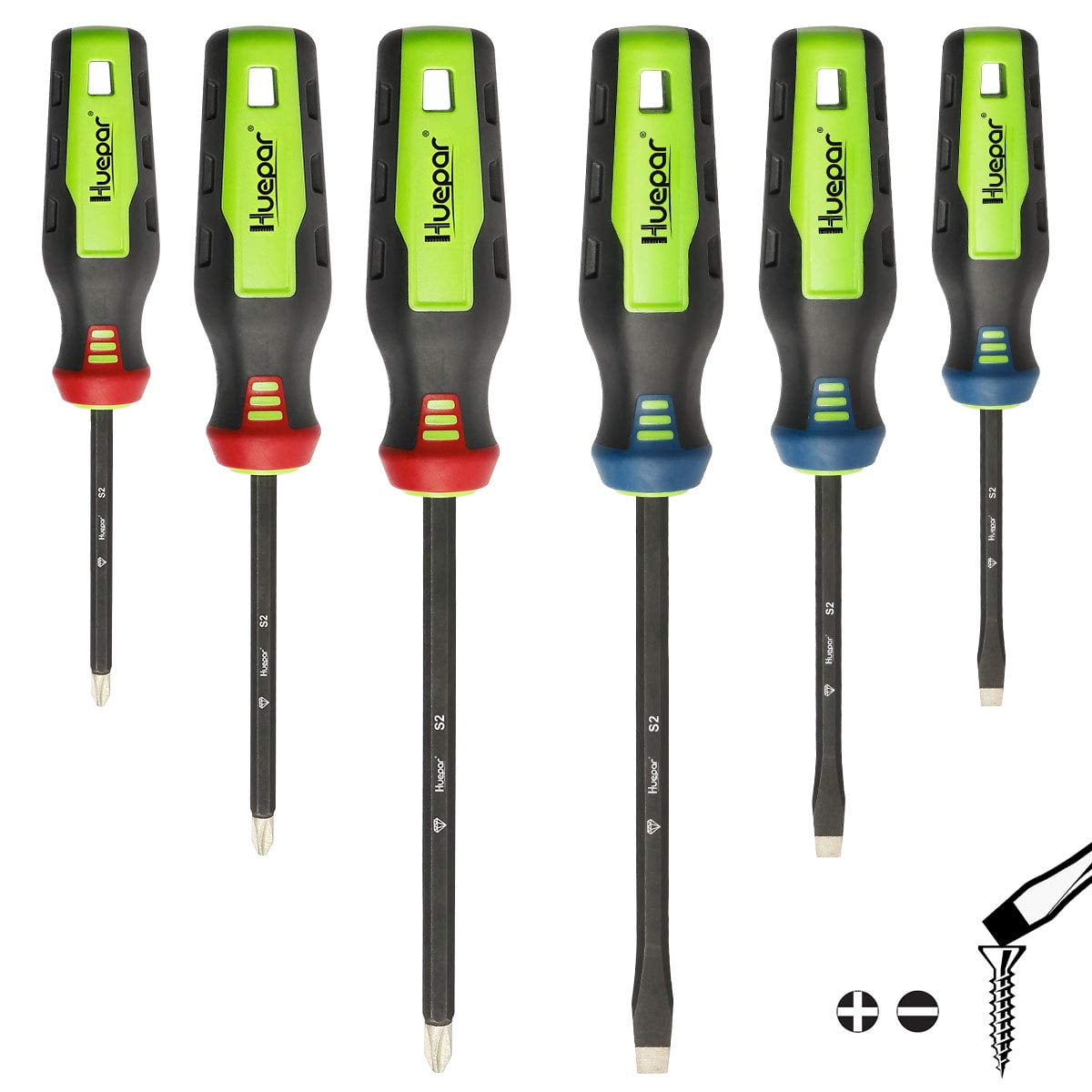 Color-Coded Non-Skid Handle for Repair Home Improvement Craft-SD06 Huepar Professional 3 Slotted and 3 Phillips Screwdriver Kit with Diamond Tip Magnetic Screwdriver Set 6PCS Rust Resistant Shaft 