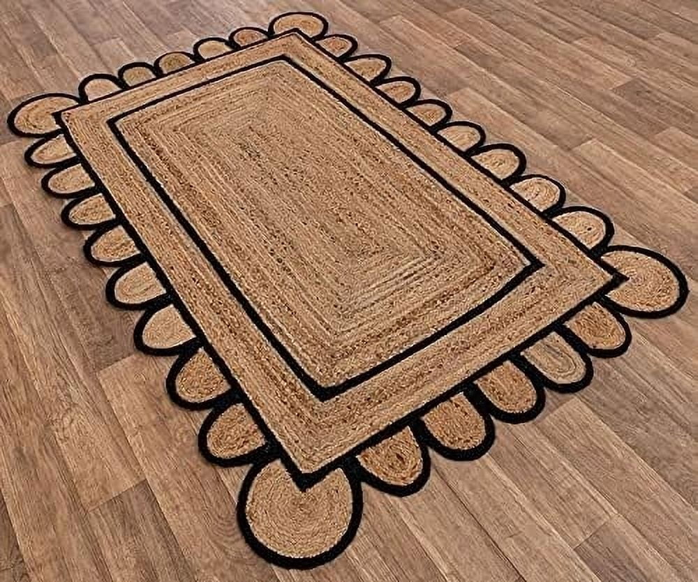 Scalloped Natural Rectangular Jute Rug, Boho Braided Area Rug, Coastal Farmhouse Jute Rug for Kitchen, Patio, Hallway, Entryway,Handcrafted, Eco-Friendly (2 Ft 6 Inch x 8 Ft)