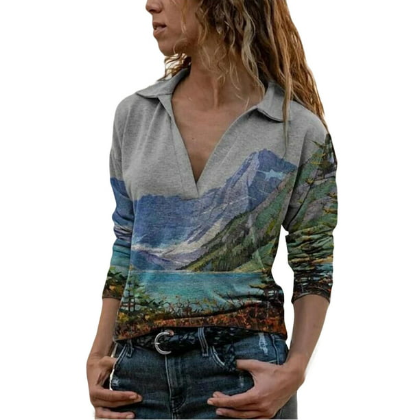 Egmy Egmy Women Plus Size Long Sleeve tops Print Blouse Turndown Collar - Walmart.com - Walmart.com