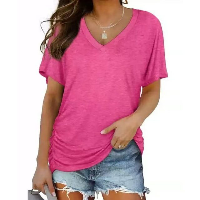 Womens Short Sleeve V Neck Dolman Tops with Side Shirring Loose Fit Shirts