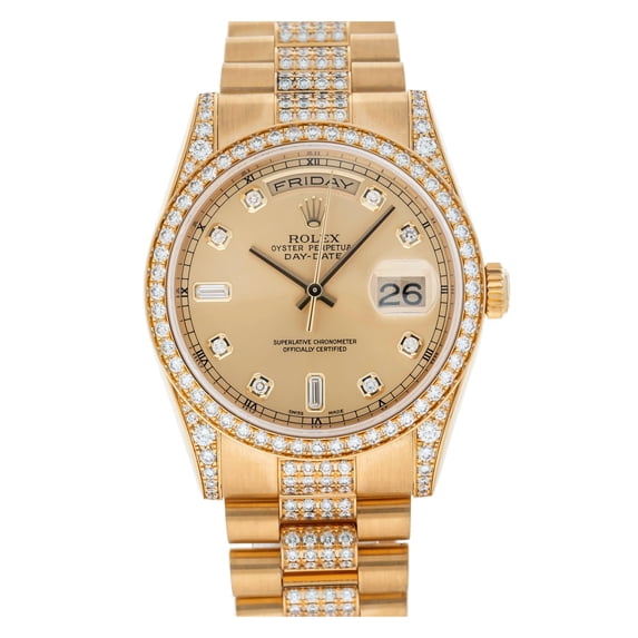 Pre-Owned Rolex Day-Date 36MM 18038 Champagne Diamond Dial Diamond Bezel 18K Yellow Gold Semi Diamond President Bracelet