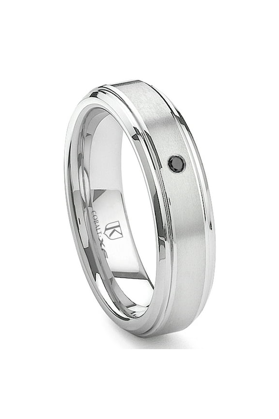 Cobalt Xf Chrome 6MM Solitaire Black Diamond Brushed Comfort Fit Wedding Band Ring with Raised Center Sz 9.0