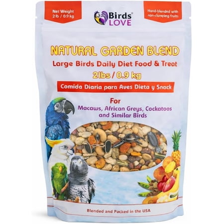 Birds LOVE Natural Garden Blend Bird Food for Parrots, Fruit Seed and Nut Mix for Small Parrots, Lovebirds, Cockatiels and Parakeets, All Natural Daily Bird Food Blend with Fruits and Seeds, 2 lb Bag