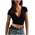 thumbnail image 2 of ClodeEU Women's V Neck Short Sleeve Crop Top ,Slim Fit Solid Color Casual Tee Black,Womens Plus XL, 2 of 7