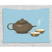 Tea Tapestry, Kettle with Cups Beverage Teatime Good Morning Drink Theme Design, Wall Hanging for Bedroom Living Room Dorm Decor, 60W X 40L Inches, Pale Blue Dark Taupe Mustard, by Ambesonne
