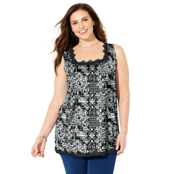 Catherines Women's Plus Size Square-Neck Lace Trim Tank