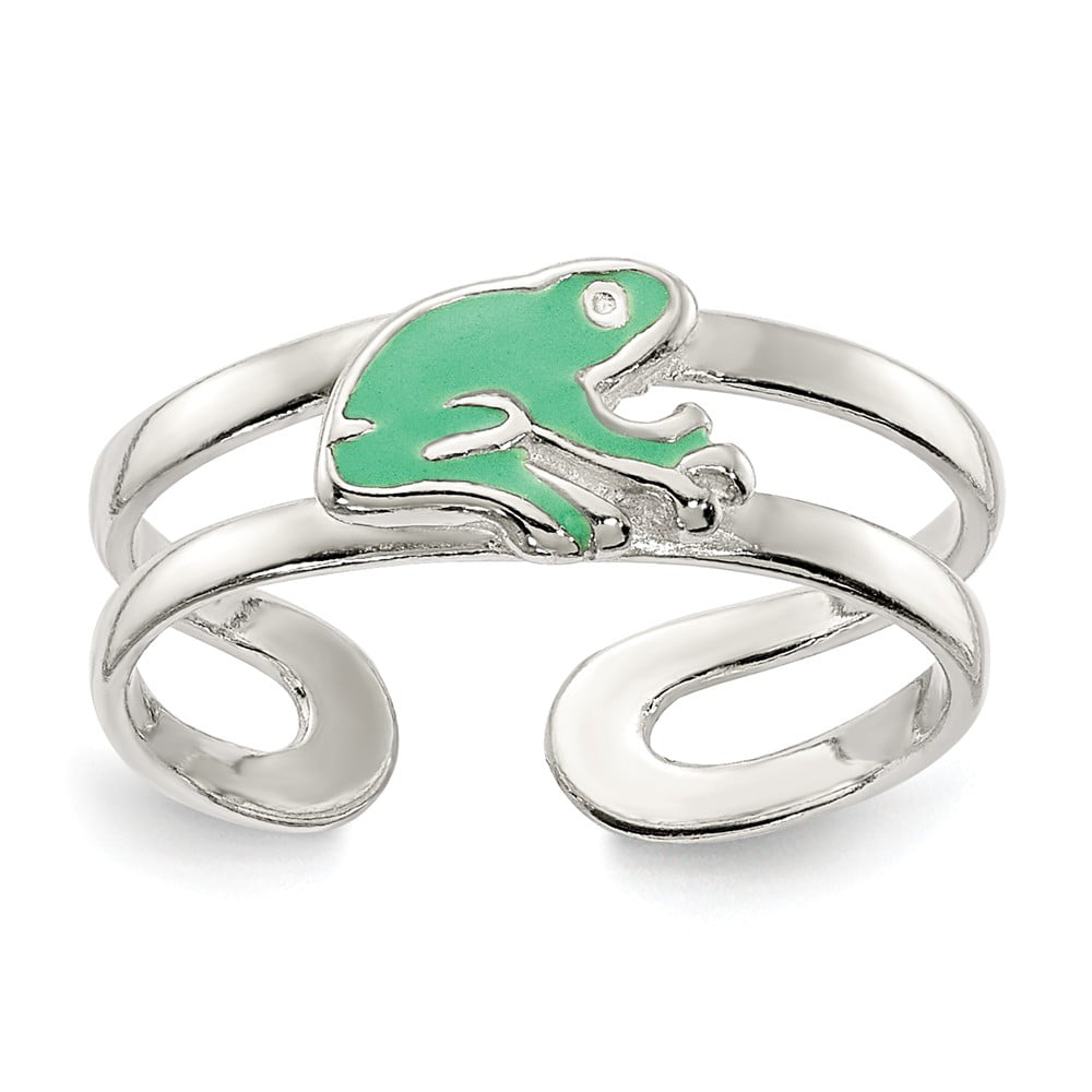 White Sterling Silver Ring Band Toe Green Enameled Frog Size 7 