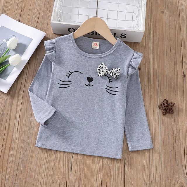 TOOYOU Girls T-Shirt Solid Color Long Sleeve Ruffle Cat Print Top Shirts Casual Tee Relaxed Fit Tops For Toddler Gray Size 2-3 Years