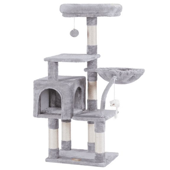 Cat Tree with Toy, Cat Tower Condo for Indoor Cats, Cat House with Padded Plush Perch, Cozy Hammock and Sisal Scratching Posts, Light Gray HCT004SW