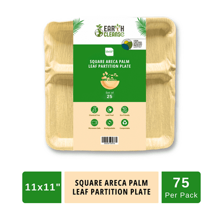 Earth Cleanse 11" Square Areca Palm Leaf Partition Plate ,75 Pack