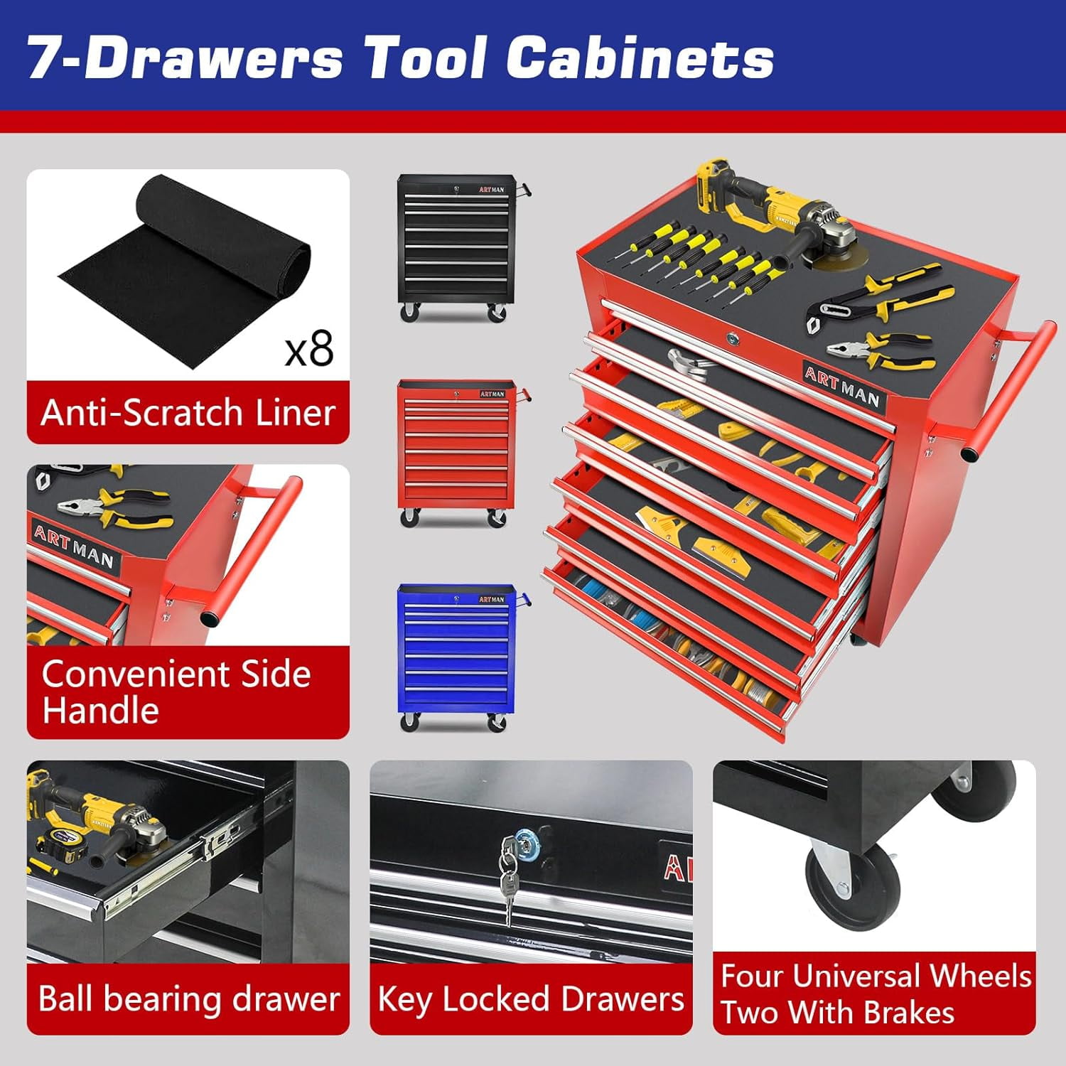7-Drawers Tool Cabinets On Wheels, Rolling Tool Chest With Drawers, Craftsman Tool Box With Keyed Locking System, Tool Storage Organizer For Warehouse, Garage, Workshop, Green
