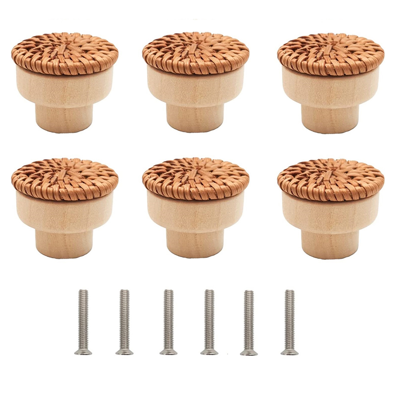Wood Drawer Knobs Rattan Knobs with Screws for Cupboard Boho