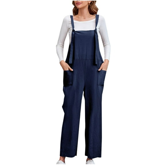 CheerKidz Women's Tie-Front Sleeveless Overalls Romper,Slim Fit Solid Color Jumpsuit with Pockets,Casual Style(Navy,M)