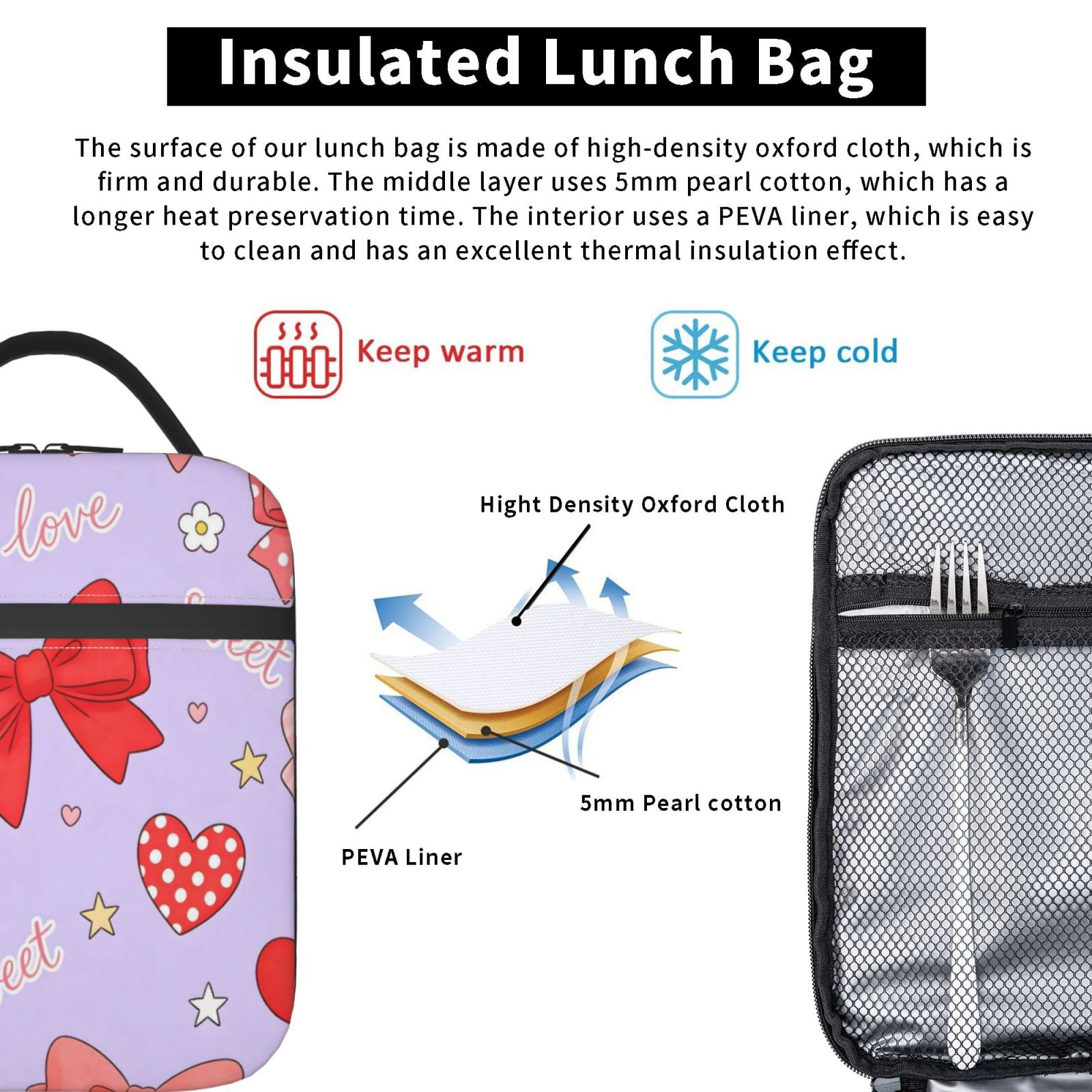 Lunch Bag For Women Men Insulated Portable Lunch Box Bento Box Office Picnic Travel Cooler Bag Sweet Love Bow Heart Light Purple