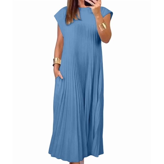 Katigan Pleated Dress Maxi Dress Casual Short Sleeve Crewneck Long Flowy Swing Dress for Women Sky Blue S