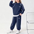 thumbnail image 3 of Eltusu Girls Winter Outfit Sets, Thermal Solid Color Long Sleeve Elastic Waist Sweatshirts and Sweatpants Sets Navy Size 4-5 T, 3 of 8