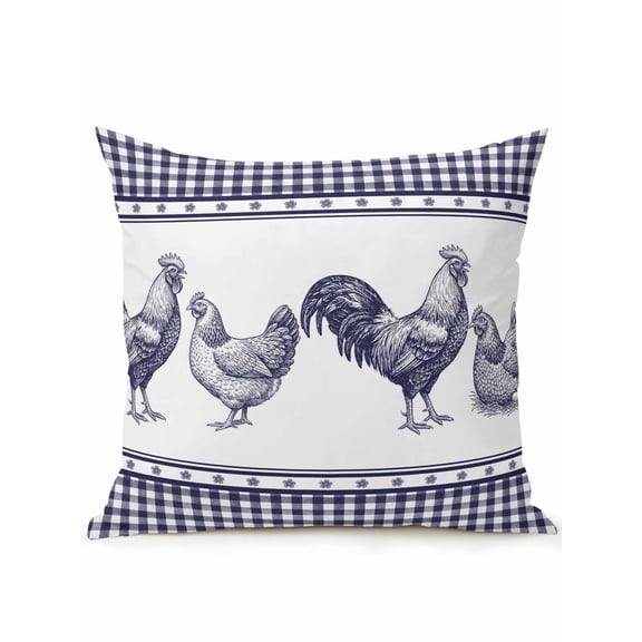 1 Pack Outdoor Throw Pillow, Navy Blue Rooster Waterproof Pillow with Insert Included, Vintage Farmhouse Blue Plaid Decorative Accent Cushion Sofa Pillows for Patio Porch, 16 x 16 In